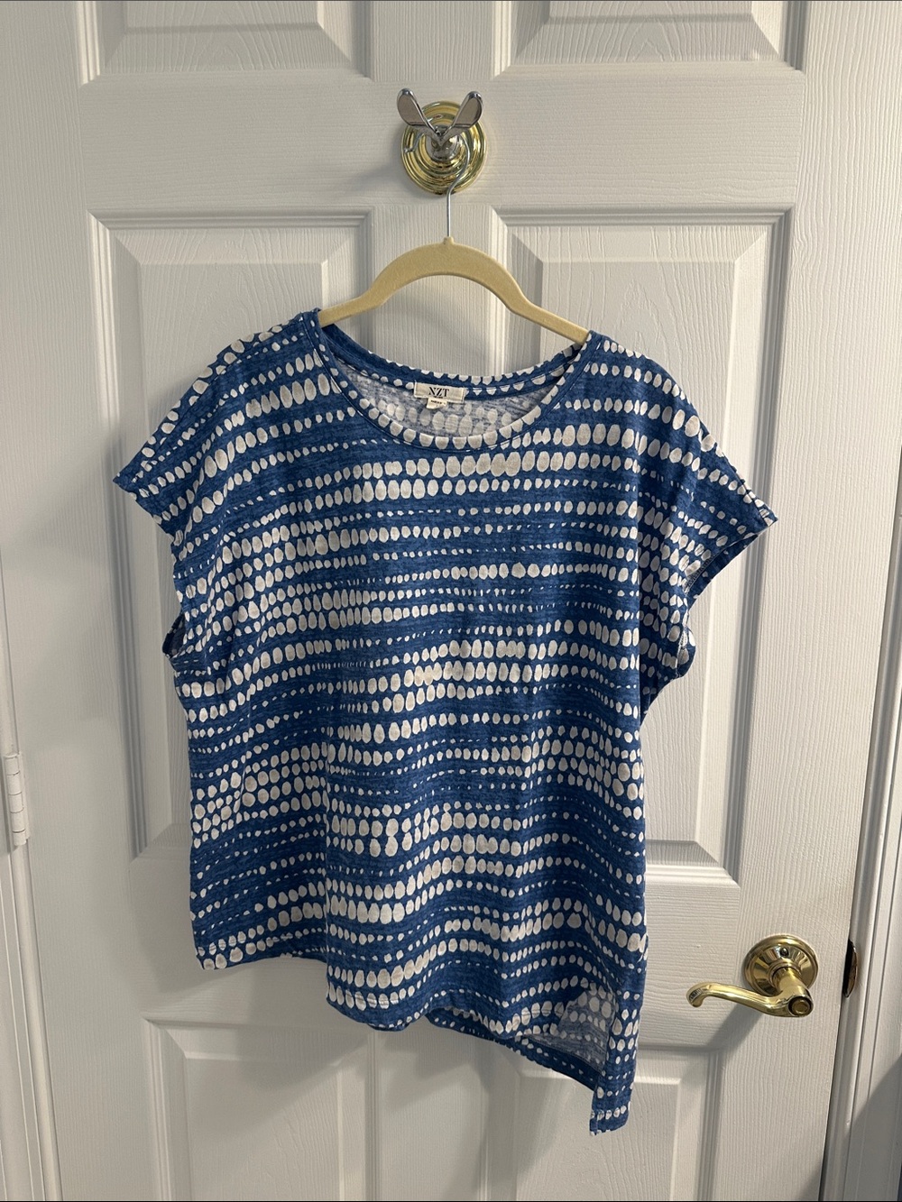 NIC+ZOE Blue and White Dot-Stripe Short Sleeve Tee Large